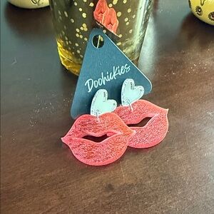 Red Lip Earrings with Silver Hearts